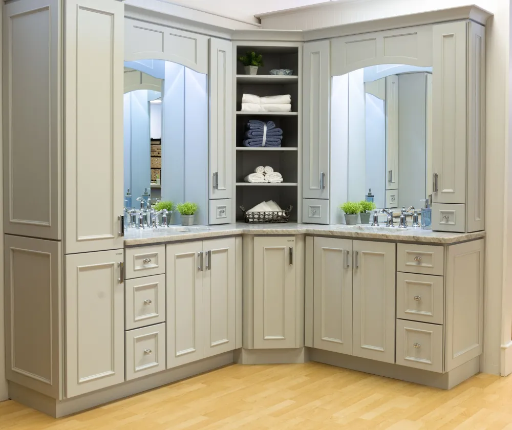 Gray corner cabinetry display in the showroom