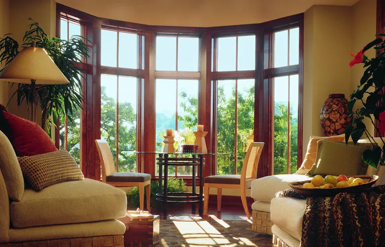 Bay window in a sunlit living room